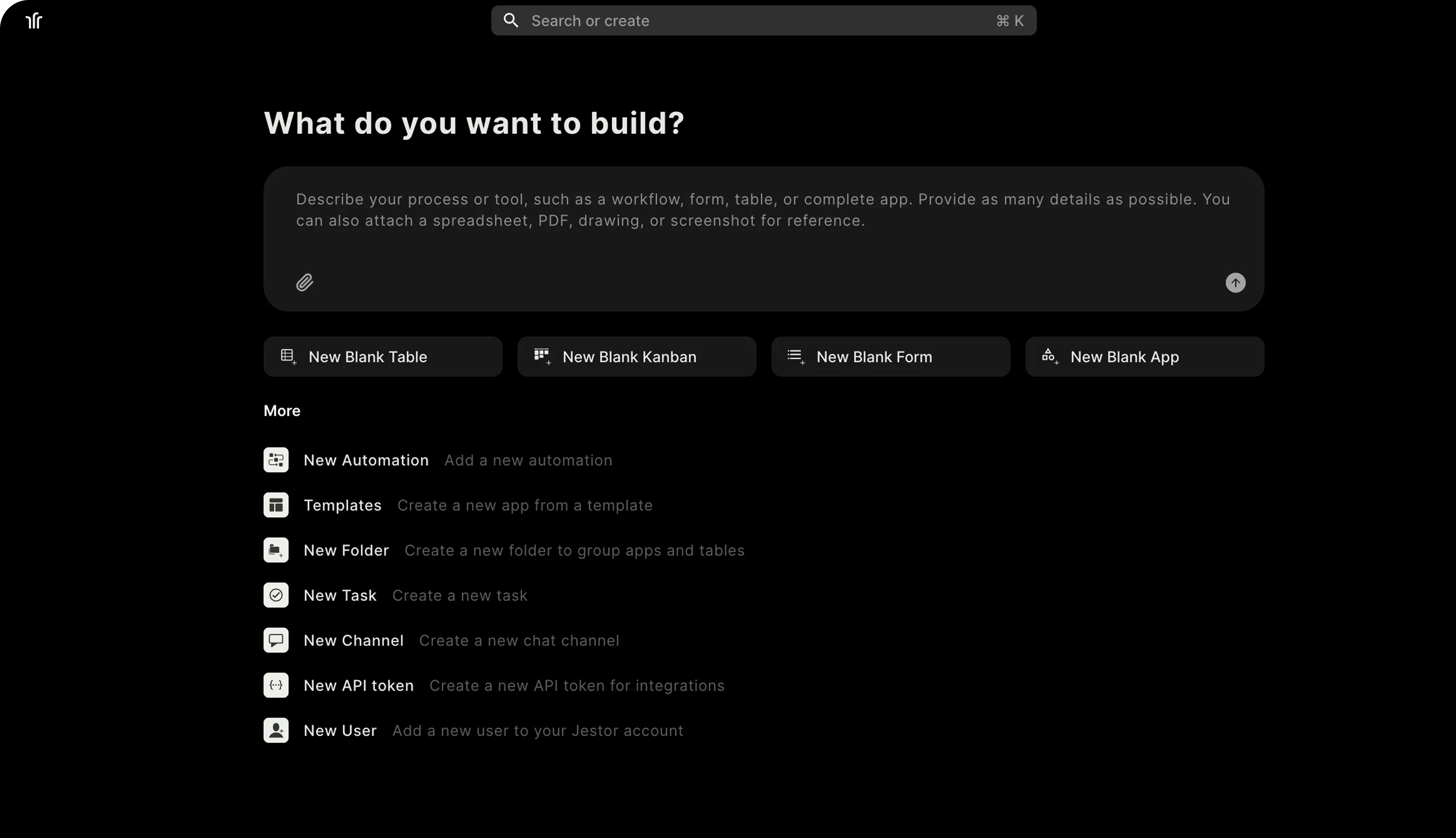 Interface do Jestor AI - O que você quer construir?