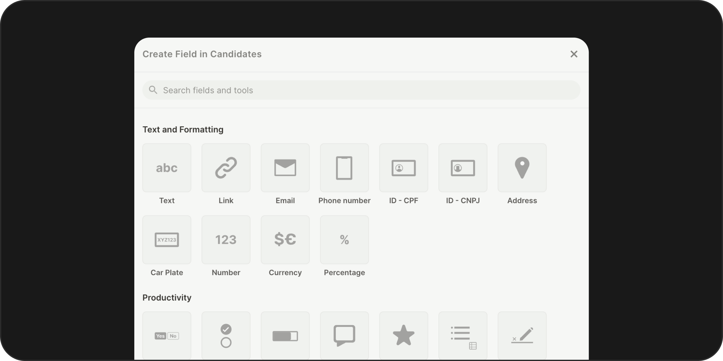 Opções de Campo Especializadas