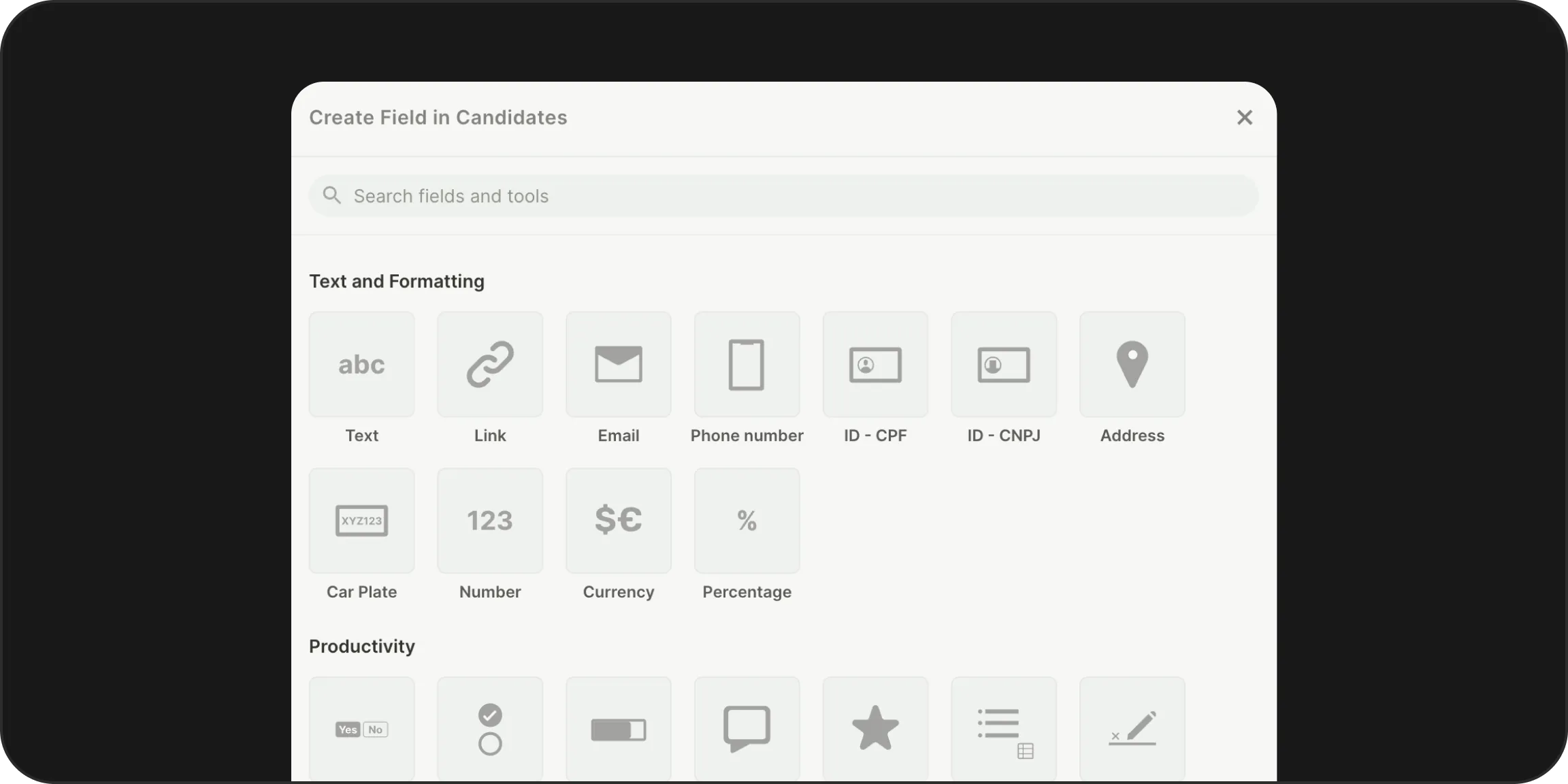 Mais de 50 tipos de campos disponíveis