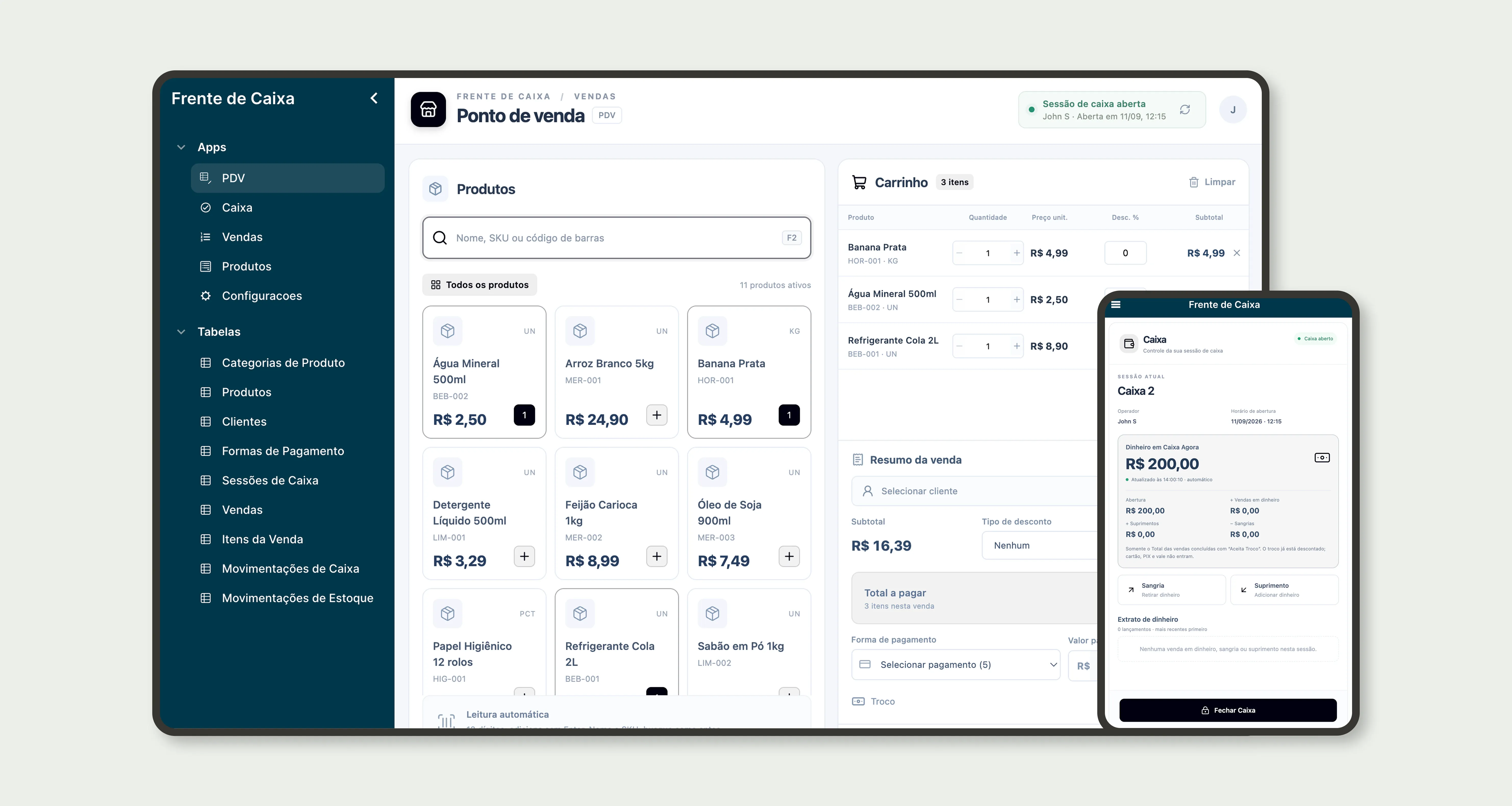 Frente de Caixa (PDV) no Jestor: tela de ponto de venda com busca de produtos, carrinho e app mobile de caixa