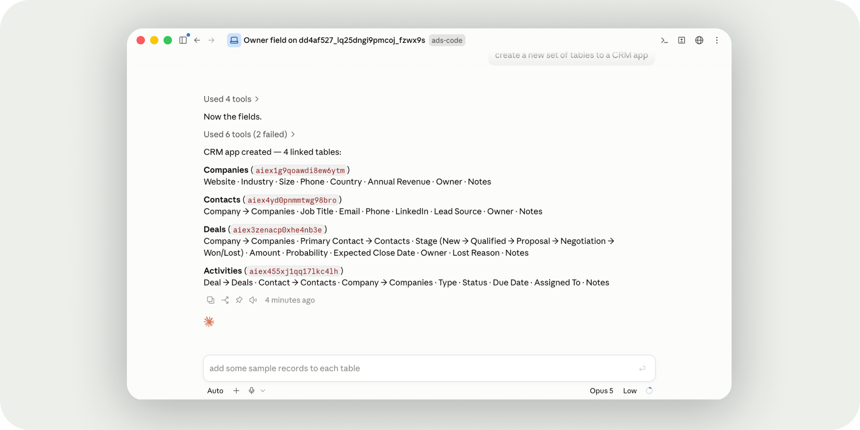 MCP no Jestor criando tabelas para um app de CRM