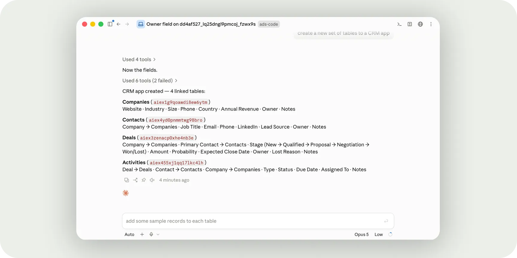 MCP no Jestor criando tabelas para um app de CRM
