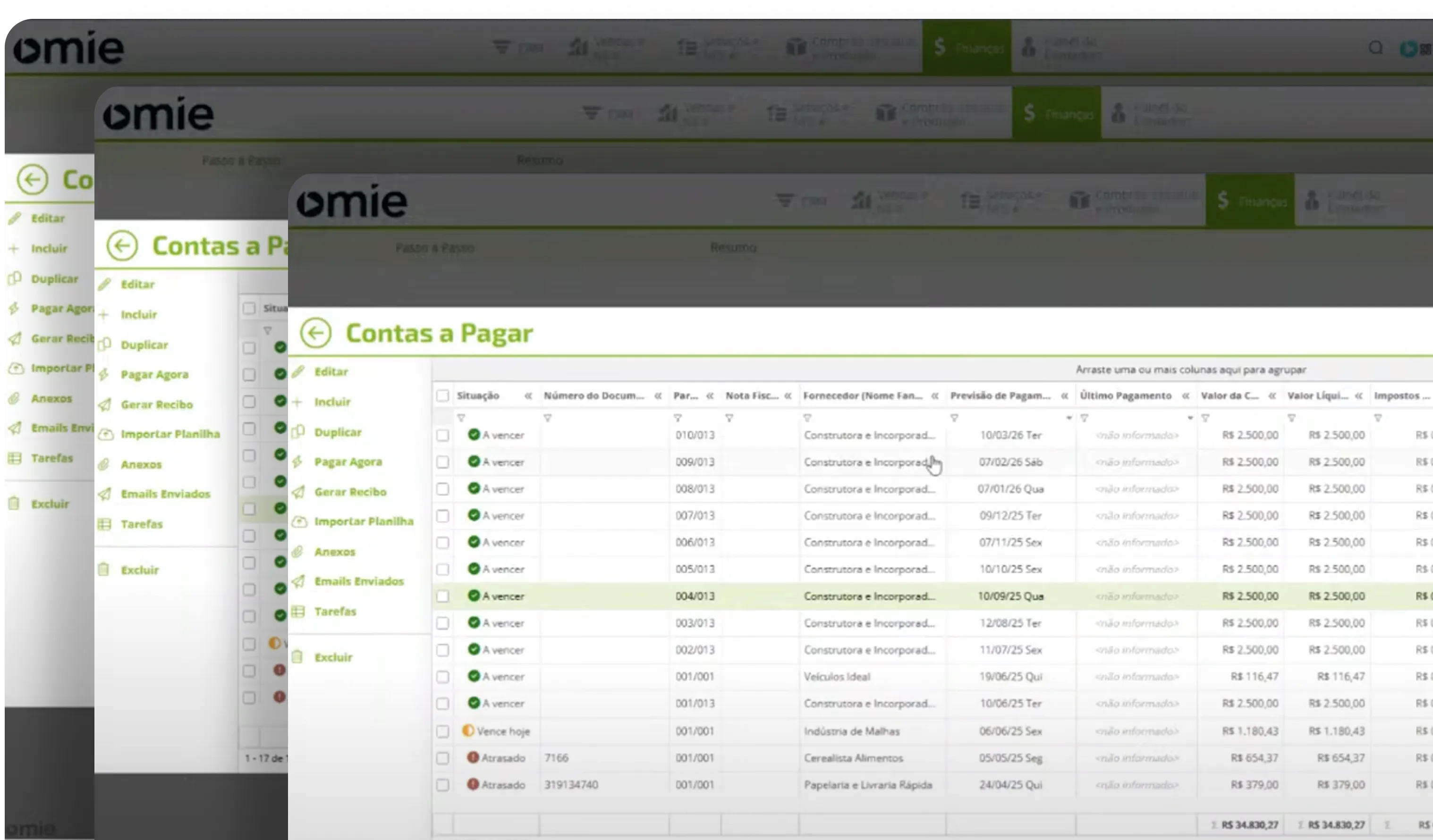 Interface de gestão de múltiplos CNPJs Omie mostrando processos de split